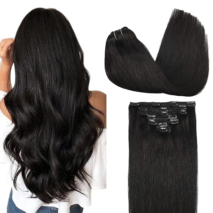 GOO GOO Clip in Hair Extensions Real Human Hair, Remy Human Hair Extensions Clip ins for Women, Natural Human Hair, 22inch 120g 7Pcs, 1B Natural black
