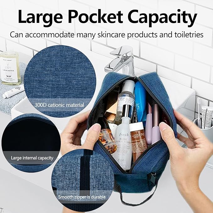 Personalized Toiletry Bag for Men, Embroidered Name Mens Toiletry Travel Bag, Waterproof Canvas Shaving Bag with Large Capacity, Custom Men Hanging Toiletries Bag for Traveling (Blue)