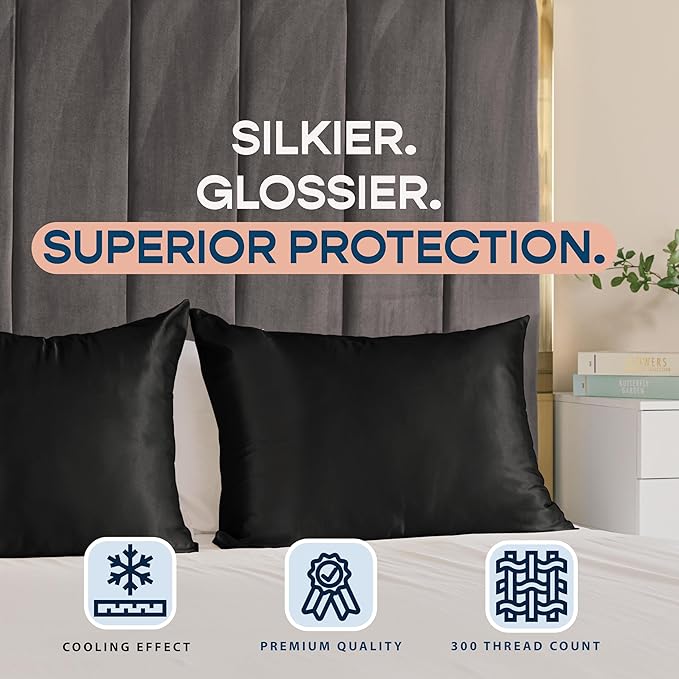 BLISSFORD Black Satin Pillowcase with Zipper for Hair and Skin Care, Feels Soft and Cool Like a Silk Pillowcase, Satin Pillow Cases 2 Pack, Slik Pillow Cover, King Size - Set of 2