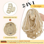 KooKaStyle Ponytail Extension, 10" Short Claw Clip in Pony Tails Hair Extensions Curly Wavy Synthetic Drawstring Hairpieces for Women(Blonde with White Highlights)