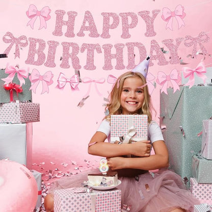 Glitter Pink Bow Happy Birthday Banner Pre-Strung Coquette Birthday Decorations - Image 4