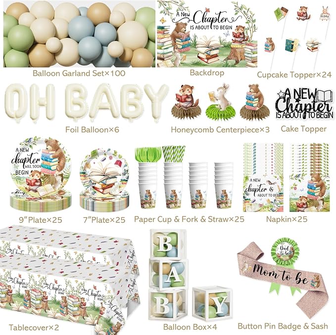 297PCS Cocomigo Green A New Chapter Begins Baby Shower Kit, 25 Guests | - Image 2