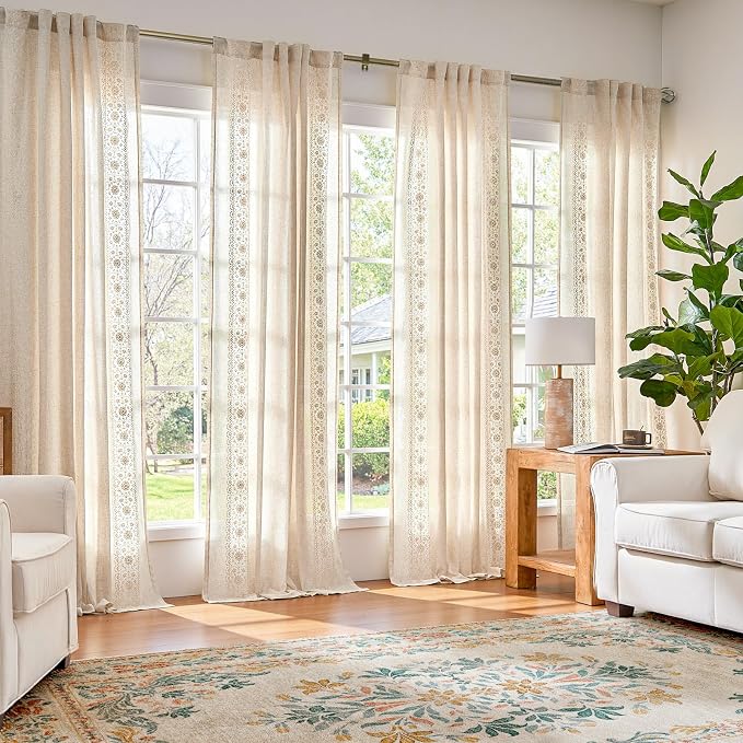 jinchan Floral Linen Curtains Embroidered Back Tab 50x84in 4 Panels Ivory | by JINCHAN