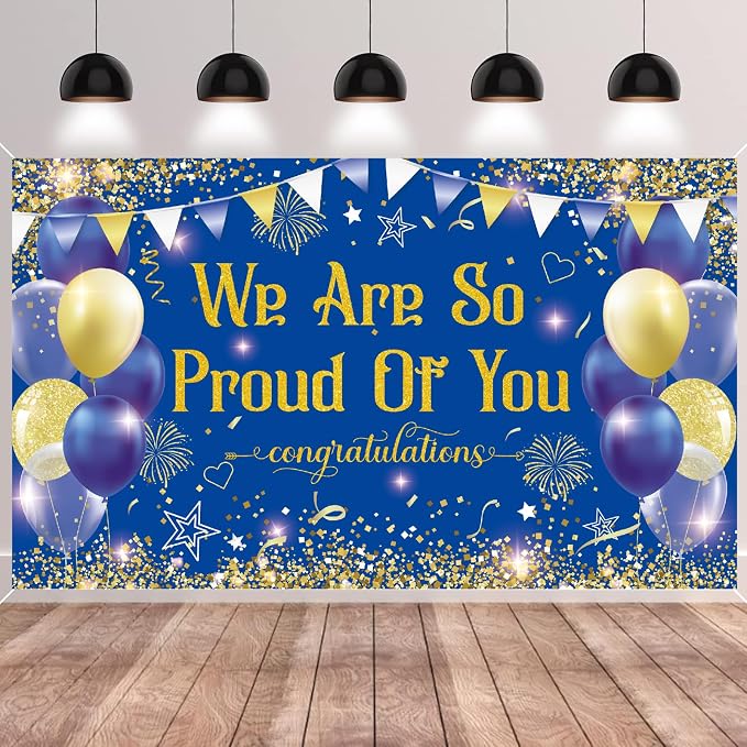 Blue Gold Congratulations We are So Proud of You Backdrop Banner Photography by SMENGGIL