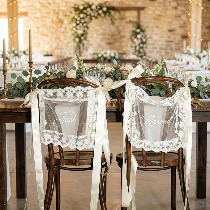 2 Pcs Just Married Sheer Lace Chair Signs - Image 9