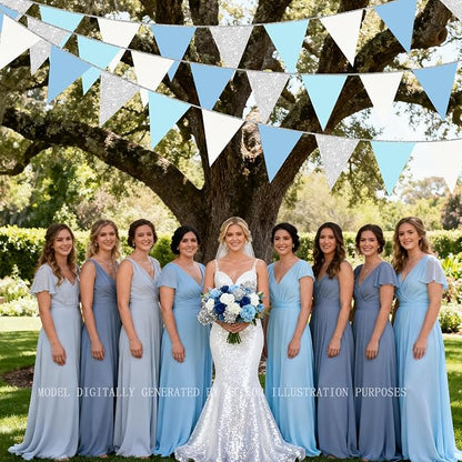 Dusty Blue Silver White Party Decorations Pennant Banner Flag Hanging Glitter - Image 7