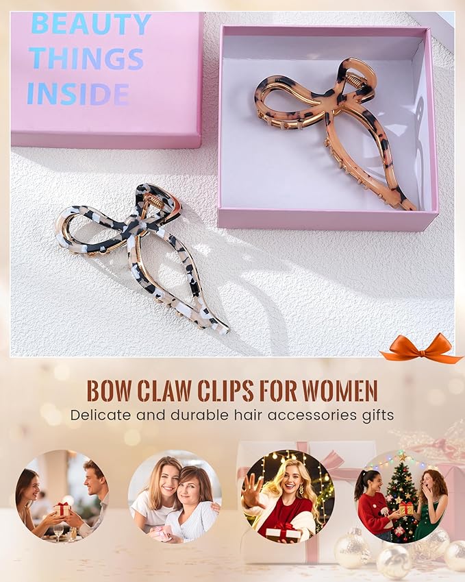 ACECHA 2 Pack Gold Metal Bow Hair Claw Clips for Women, 4.5" Colorful Non-slip Hairclips for Thick Thin Hair Claws Strong Hold Styling (Leopard)