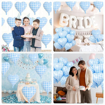 Blue White Checkered Heart Balloons, 18 Inch Lattice Foil Valentines Balloons - Image 6