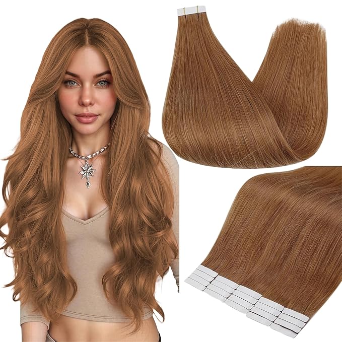 Full Shine Tape in Hair Extensions Human Hair Color 330 Orange Seamless Skin Weft Human Hair Double Sided Tape in Extensions 24 Inch Hair Extensions Real Human Hair 50g 20PCS Straight Hair