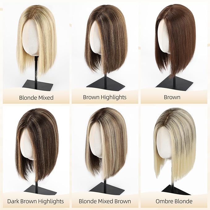 MONO TOP Hair Toppers for Women Human Hair 12 Inch 7"×8" Big Base Partial wig Cover Thinning Hair or Loss No Bangs Top Hair Pieces Natural Wiglets (Brown)