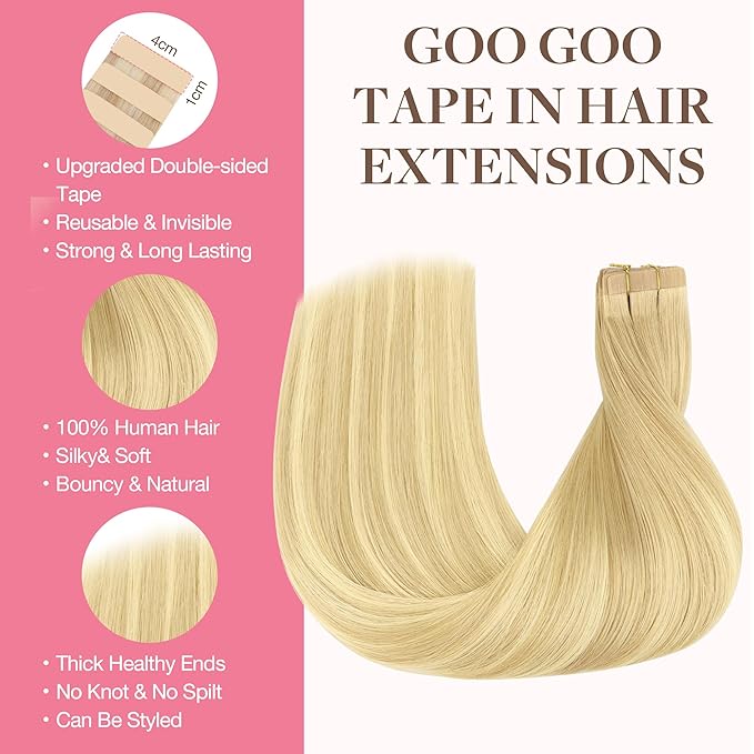 GOO GOO Tape in Hair Extensions Human Hair, 18AT60A Pearl Ash Blonde Highlights, 10inch 60g 40pcs, Skin Weft Seamless Invisible, Silky Straight with Thick Ends, Remy Human Hair