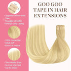 GOO GOO Tape in Hair Extensions Human Hair, 18AT60A Pearl Ash Blonde Highlights, 12inch 40g 20pcs, Skin Weft Seamless Invisible, Silky Straight with Thick Ends, Remy Human Hair