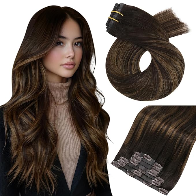 Moresoo Seamless Hair Extensions Clip in Human Hair Balayage Brown PU Seamless Human Hair Clip in Extensions Ombre Dark Brown with Chestnut Brown 7pcs 120g 20Inch