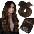 Moresoo Seamless Hair Extensions Clip in Human Hair Balayage Brown PU Seamless Human Hair Clip in Extensions Ombre Dark Brown with Chestnut Brown 7pcs 120g 20Inch