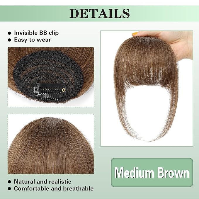 NAYOO Bangs Hair Clip - Medium Brown Fake Bangs 100% Real Human Hair Extensions French Bangs for Women Fringe with Temples Hairpieces