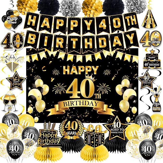 40th Birthday Decorations for Men Women | Pre-Strung Black Gold Happy Birthday by Unknown