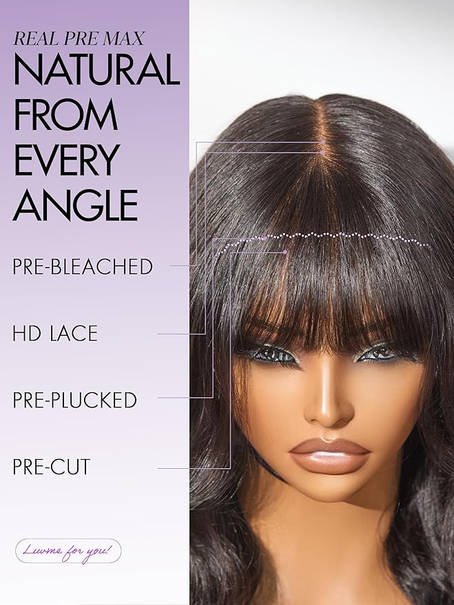 LUVME HAIR 7x6 HD Lace All-Day Comfort Wig with Bangs 200% Density Hair PartingMax Lace Wigs Loose Body Wave Lace Front Wigs Human Hair Pre Cut Plucked Lace Frontal Glueless 22 Inches