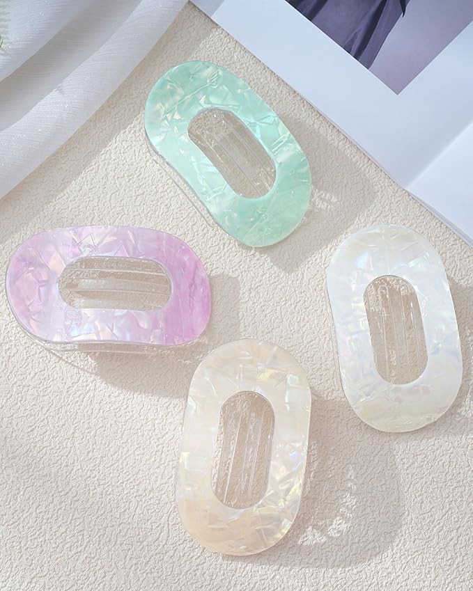 Mesovor 4 Pack French Flat Hair Clips for Women, 3.74" Nonslip Stylish Round Duckbill Lay Flat Hair Claw | Side Slide Volume Flat Hairclips for Lying Down, Yoga, Driving (Mermaid Colorful)