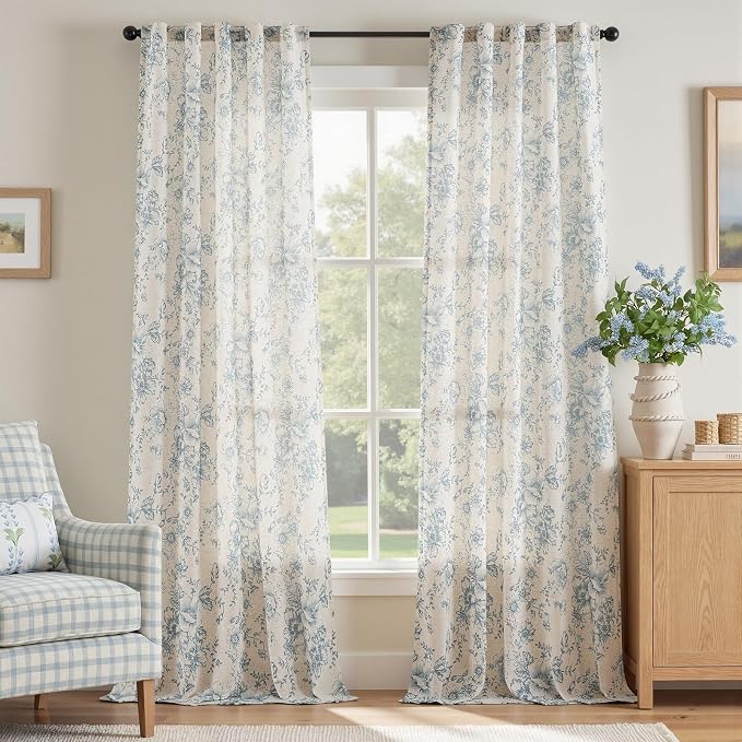 jinchan Blue Floral Linen Curtains 90 Inch Vintage Back Tab 2 Panels | Light by JINCHAN