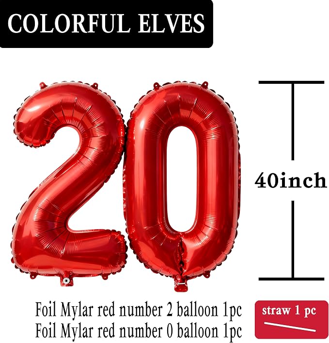 Red Number 20 Balloons 40 Inch Giant Number Red Number 20 Foil Mylar Balloons - Image 2