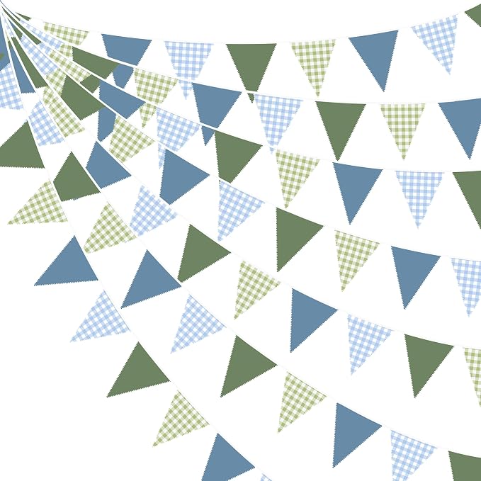 32Ft Blue Green Party Decorations Dusty Blue Sage Green Gingham Fabric Triangle by pinkblume