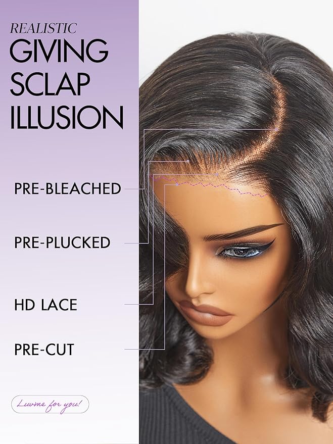 LUVME HAIR 100% Human Hair Wigs Loose Wave Glueless Lace Front 12 Inches, Pre Cut Plucked Hd Lace Short Wig Ready To Go Natural Color Straight Bleached Knots Side Part Black Wigs