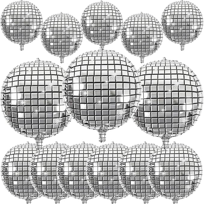 14 Pcs Disco Ball Balloons 22/15/10 4D Ball Balloons Metallic Silver Disco by Froova