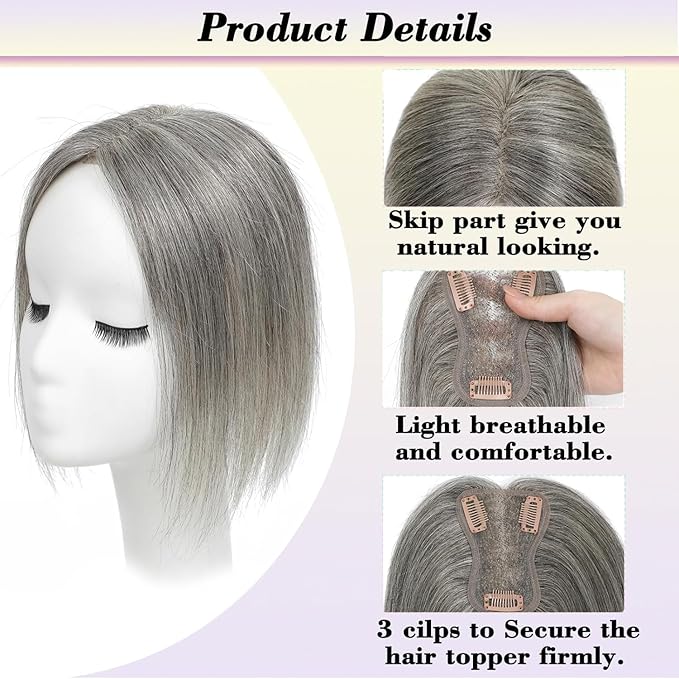 Hair Toppers for Women 10 Inch No Bangs Hairline Topper Wiglets Hairpiece Swiss Base Mixed Light Grey Hairline Topper Wiglets Hairpieces for Thinning Hair Swiss Base Mixed Light Grey (Grey)