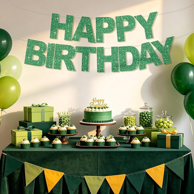 BEISHIDA Pre-Strung Glitter Green Happy Birthday Banner Party Sign Decor | NO - Image 5