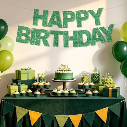 BEISHIDA Pre-Strung Glitter Green Happy Birthday Banner Party Sign Decor | NO - Image 5