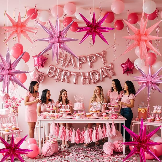 TONIFUL 8Pcs Explosion Star Balloons Pink Hot Pink Foil Balloon Party Decor | - Image 4
