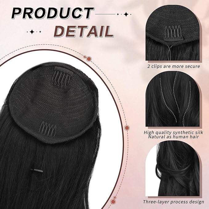 Ponytail Extension, 26 Inch Drawstring Ponytail Extension for Women Long Black Wavy Layered Pony Tails Hair Extensions Synthetic Clip in Ponytail Hairpiece for Women