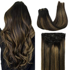 GOO GOO Clip in Hair Extensions Real Human Hair, Remy Human Hair Extensions Clip ins for Women, Natural Human Hair, 16inch 120g 7Pcs, 1B/6/1B Balayage Natural Black to Chestnut Brown