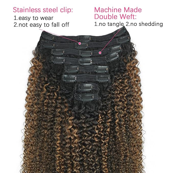 3c 4a Curly Clip in Hair Extensions T1BP1B/30 Omber Kinky Curly Clip ins For Women Brazilian Virgin Clip on Hair (26inch,T1BP1B/30)