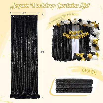 Sequin Backdrop Black Curtain 6 Panels 2ftx8ft Sparkly Party Background | - Image 2