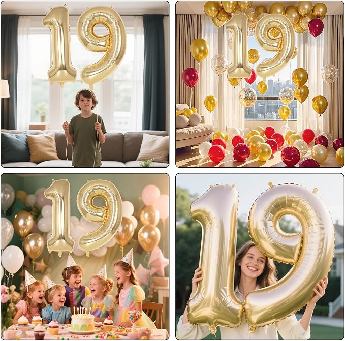 Champagne Gold Large Number 19 Balloon, 40 Inch Light Gold Foil Helium Number - Image 7