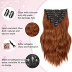 Clip in Hair Extensions for Women, 16 Inch Wavy Copper Hair Extensions Clip Ins, 8PCS Synthetic Curly Hairpieces for Women DailyParty Use