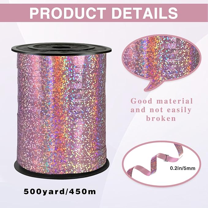 500 Yards Pink Laser Curling Ribbon, 1/5" Holographic Curly Ribbons, Curling - Image 2