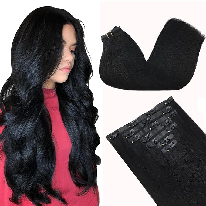 GOO GOO Clip in Hair Extensions Real Human Hair, Remy Human Hair Extensions Clip ins for Women, Natural Human Hair, 16inch 130g 7Pcs, 1 Jet black