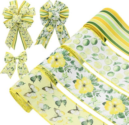 4 Rolls Floral Wired Edge Ribbon – Spring Summer Yellow Grosgrain by Unknown