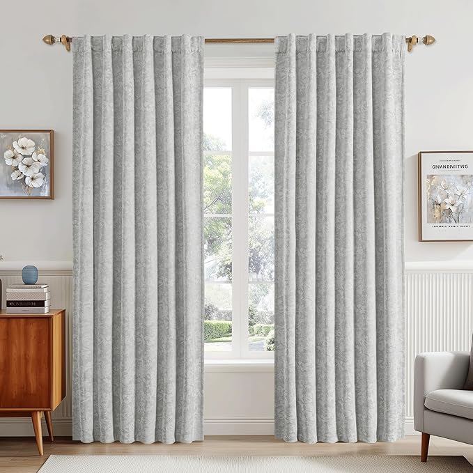 Beauoop Grey Floral Jacquard Blackout Curtains - Image 2