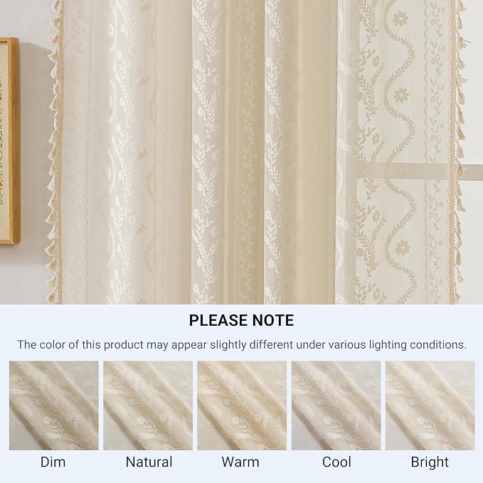 WAZZIO Boho Lace Curtains 2 Panels 84 Inches Long-Cute Vintage Victorian Sheer - Image 9