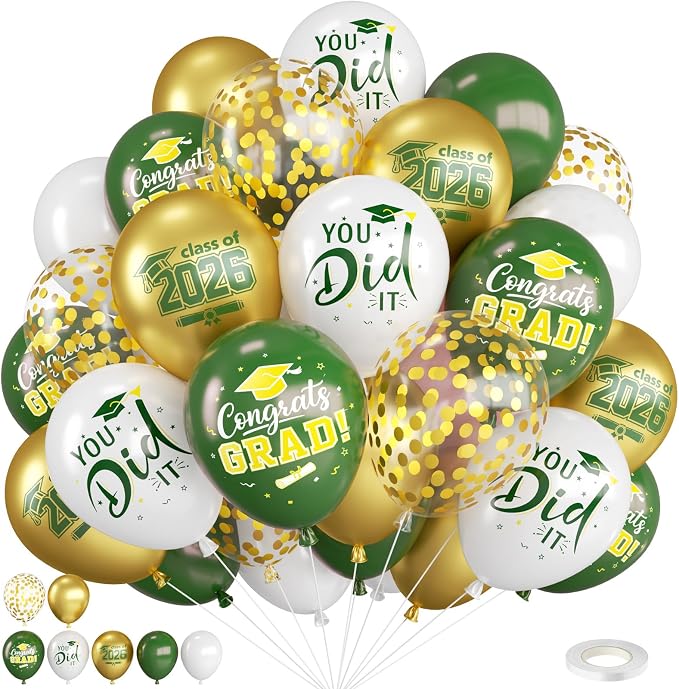 Green and Gold Balloons, 12 Inch Graduation Balloons Printed 2026, You DID IT by FunHot