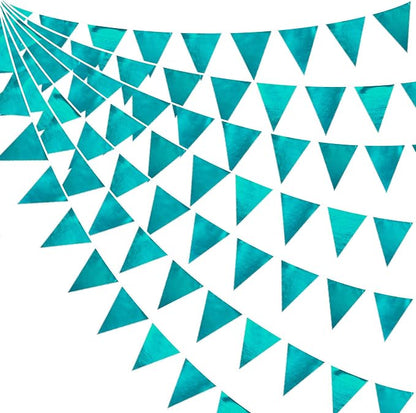 Teal Aqua Blue Triangle Pennant Banner Dark Metallic Fabric Flag Bunting Garland by pinkblume