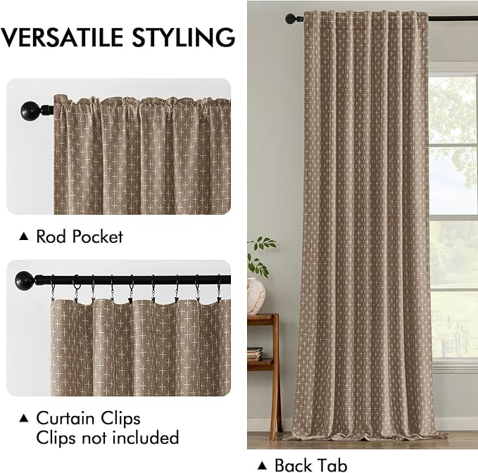 MIULEE Patterned Farmhouse Linen Curtains, Back Tab, Light Brown | Linen - Image 2