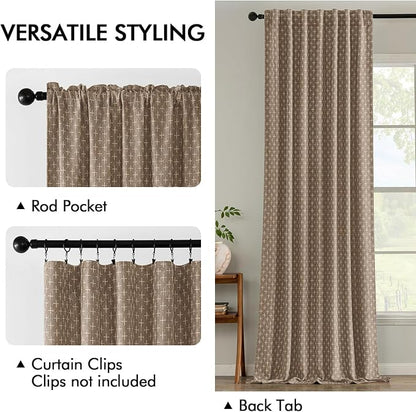 MIULEE Patterned Farmhouse Linen Curtains, Back Tab, Light Brown | Linen - Image 2