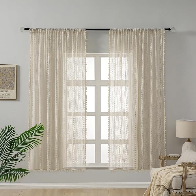 WAZZIO Boho Lace Curtains 63 Inches 2 Panel, Light Filtering Privacy Tassel & - Image 3