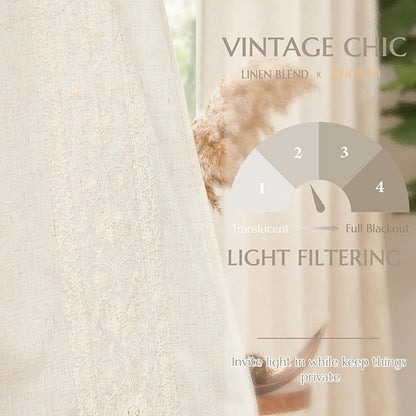 jinchan Floral Linen Curtains Embroidered Back Tab 50x63in 4 Panels Ivory | - Image 6