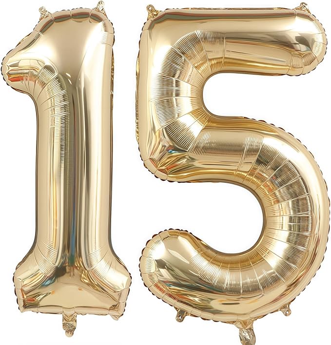 Champagne Gold 15 Balloon Number, 40 Inch Light Gold 15 Balloons Big Foil Mylar by BBPOOL