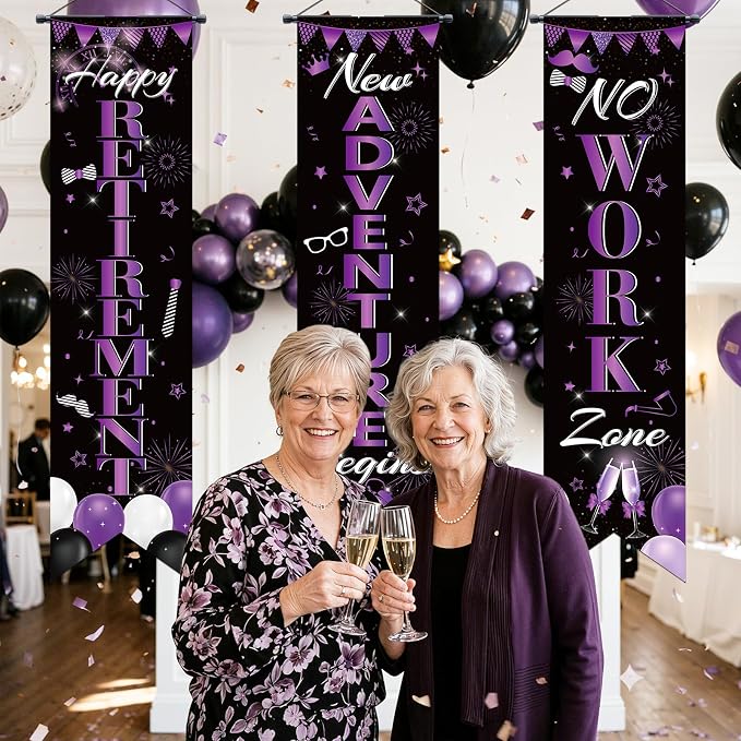 3Pcs Retirement Porch Sign Door Hanging Banner Black Purple Happy Retirement - Image 5
